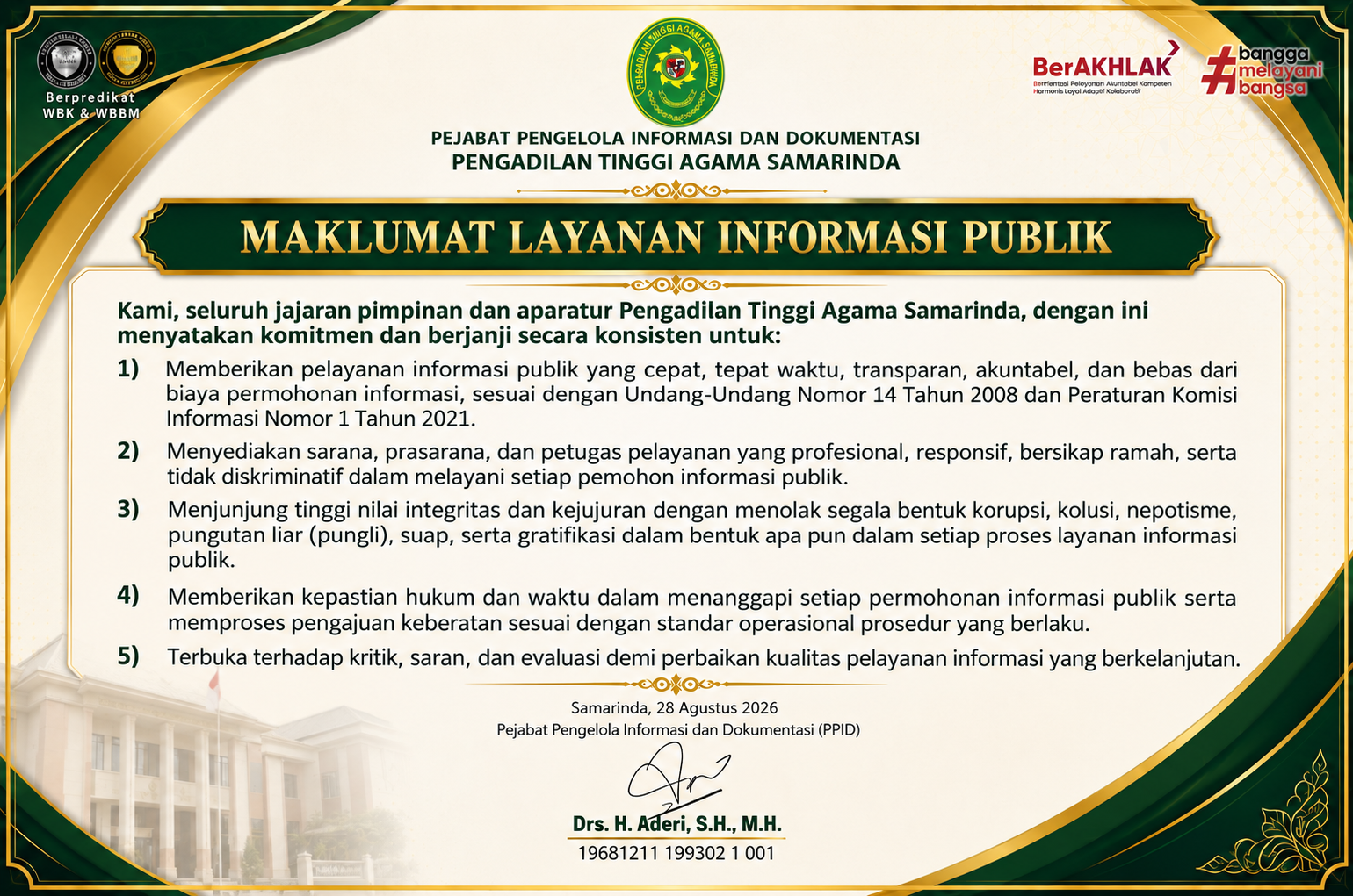 Maklumat Pelayanan Informasi Publik PPID PTA Samarinda